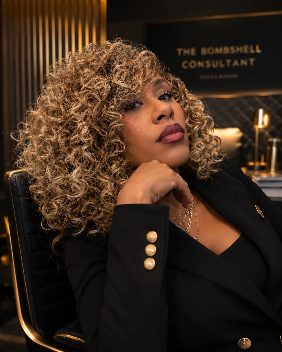 The Bombshell Consultant in a luxury office portrait